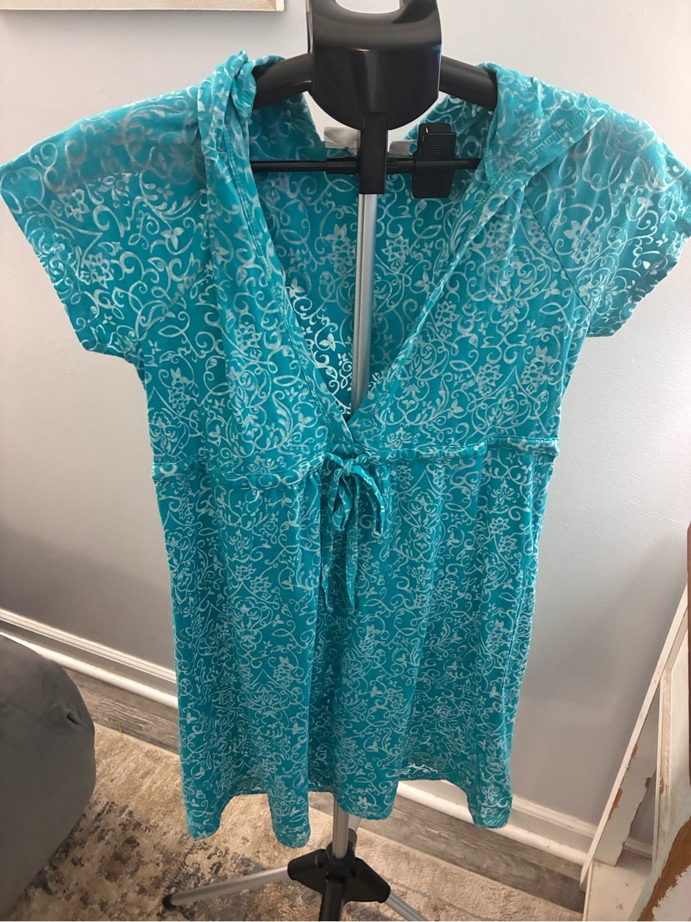 St. John's Bay Turquoise Hooded Swim Coverup with White Scroll Print